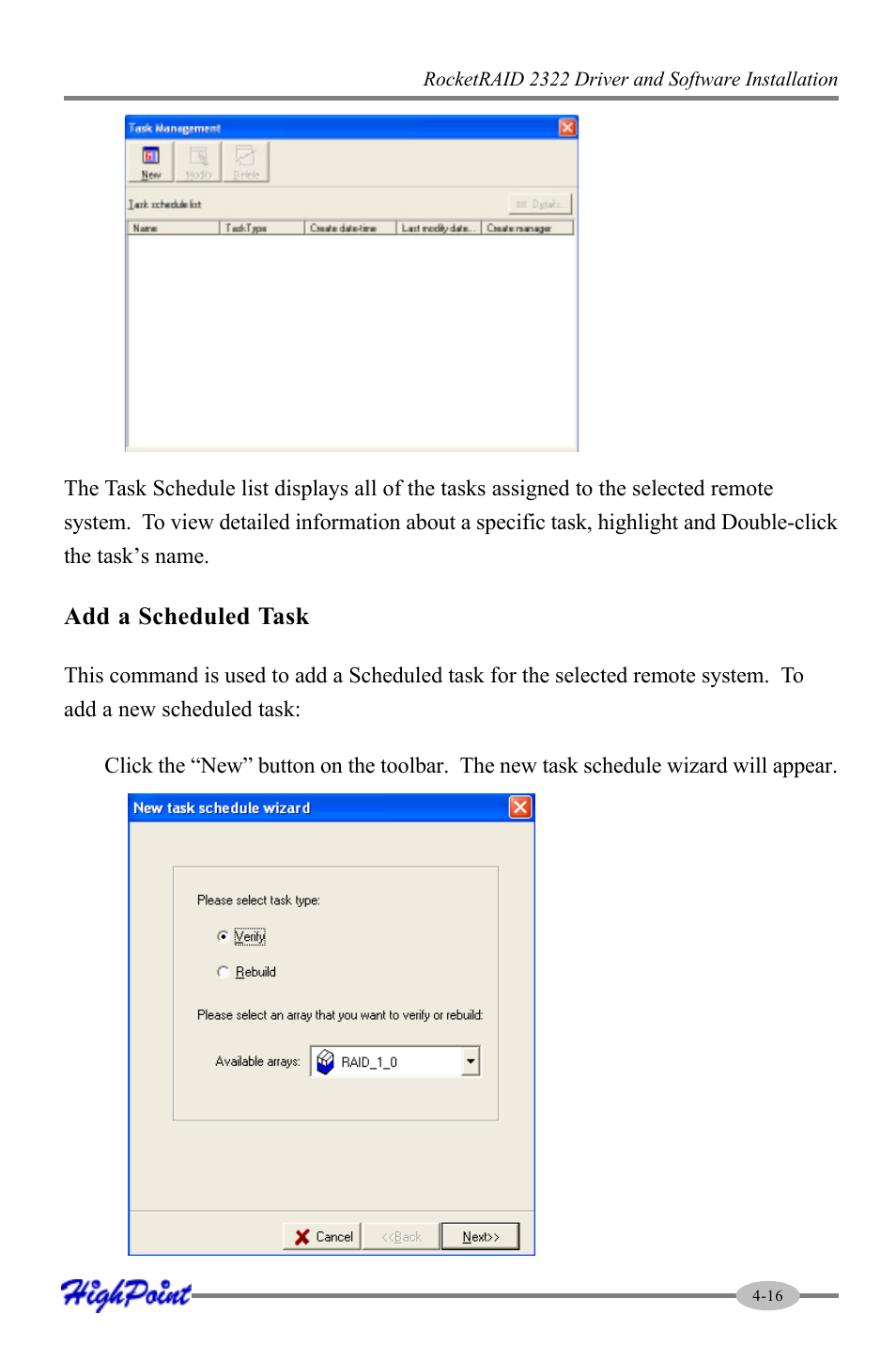 Add a scheduled task | HighPoint RocketRAID 2322 User Manual | Page 39 / 73