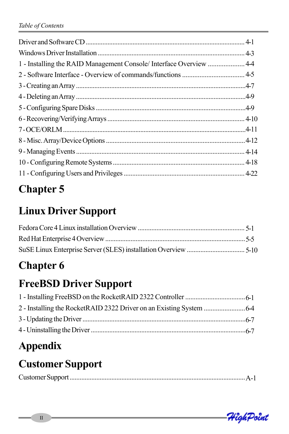 Chapter 5 linux driver support, Chapter 6 freebsd driver support, Appendix customer support | HighPoint RocketRAID 2322 User Manual | Page 4 / 73