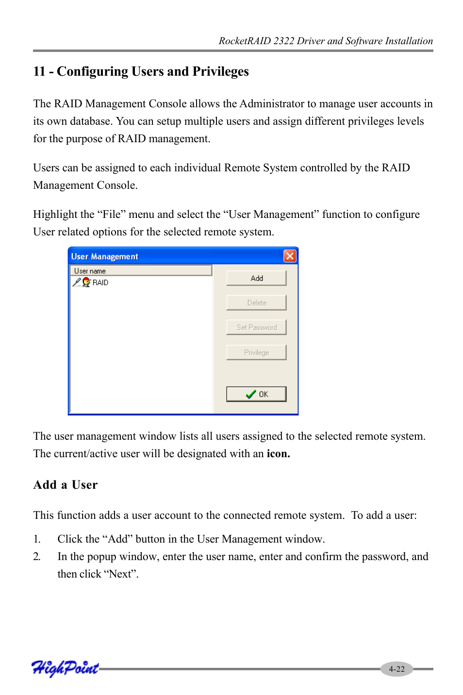 11 - configuring users and privileges | HighPoint RocketRAID 2322 User Manual | Page 45 / 73