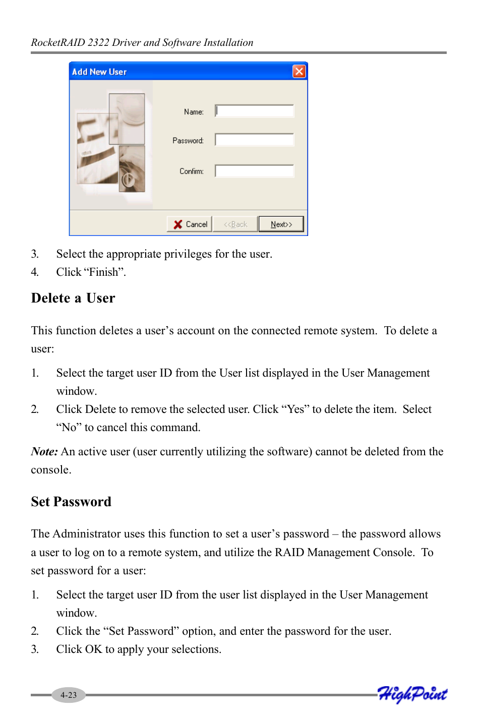 Delete a user, Set password | HighPoint RocketRAID 2322 User Manual | Page 46 / 73