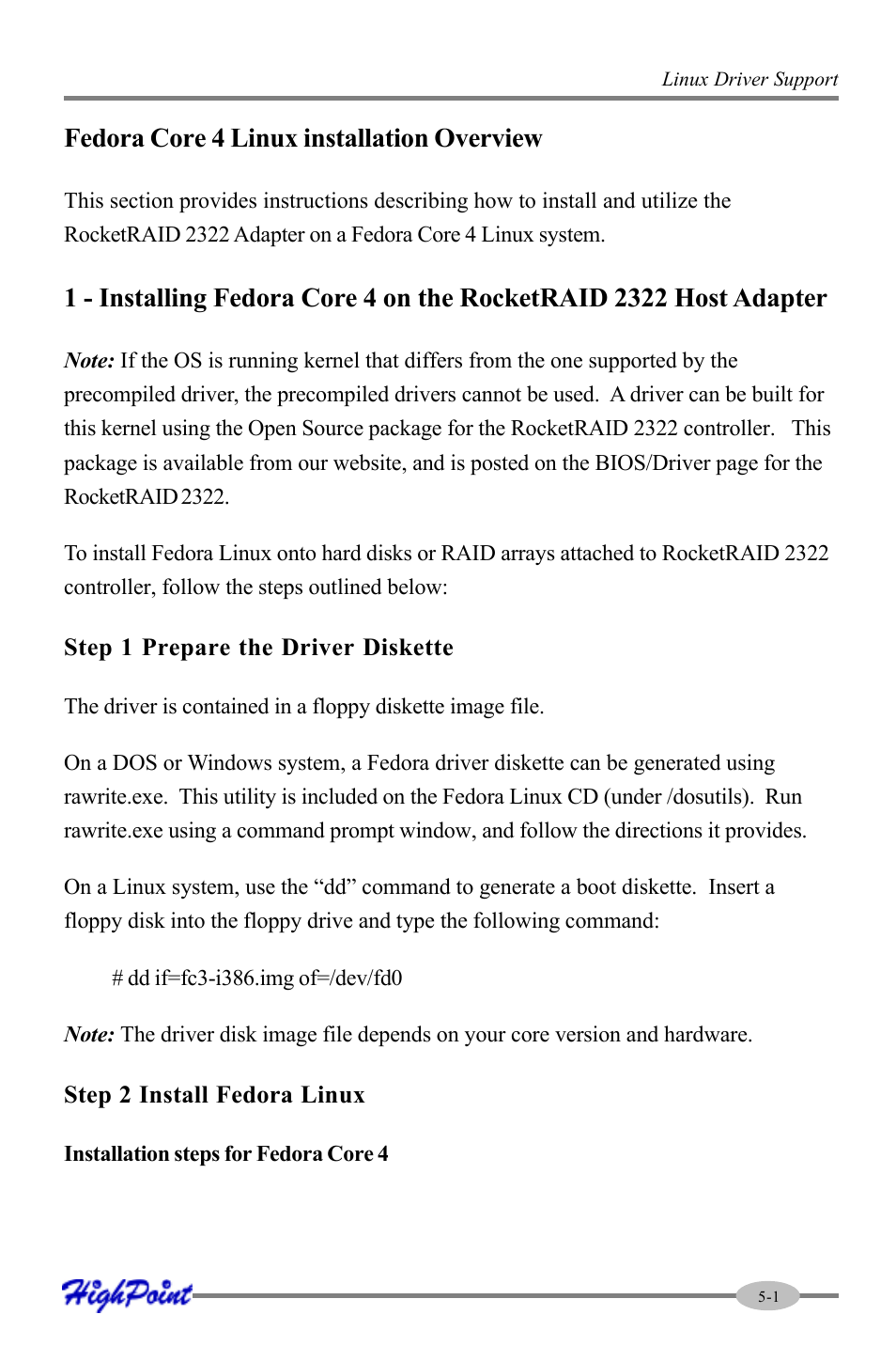 Fedora core 4 linux installation overview | HighPoint RocketRAID 2322 User Manual | Page 49 / 73
