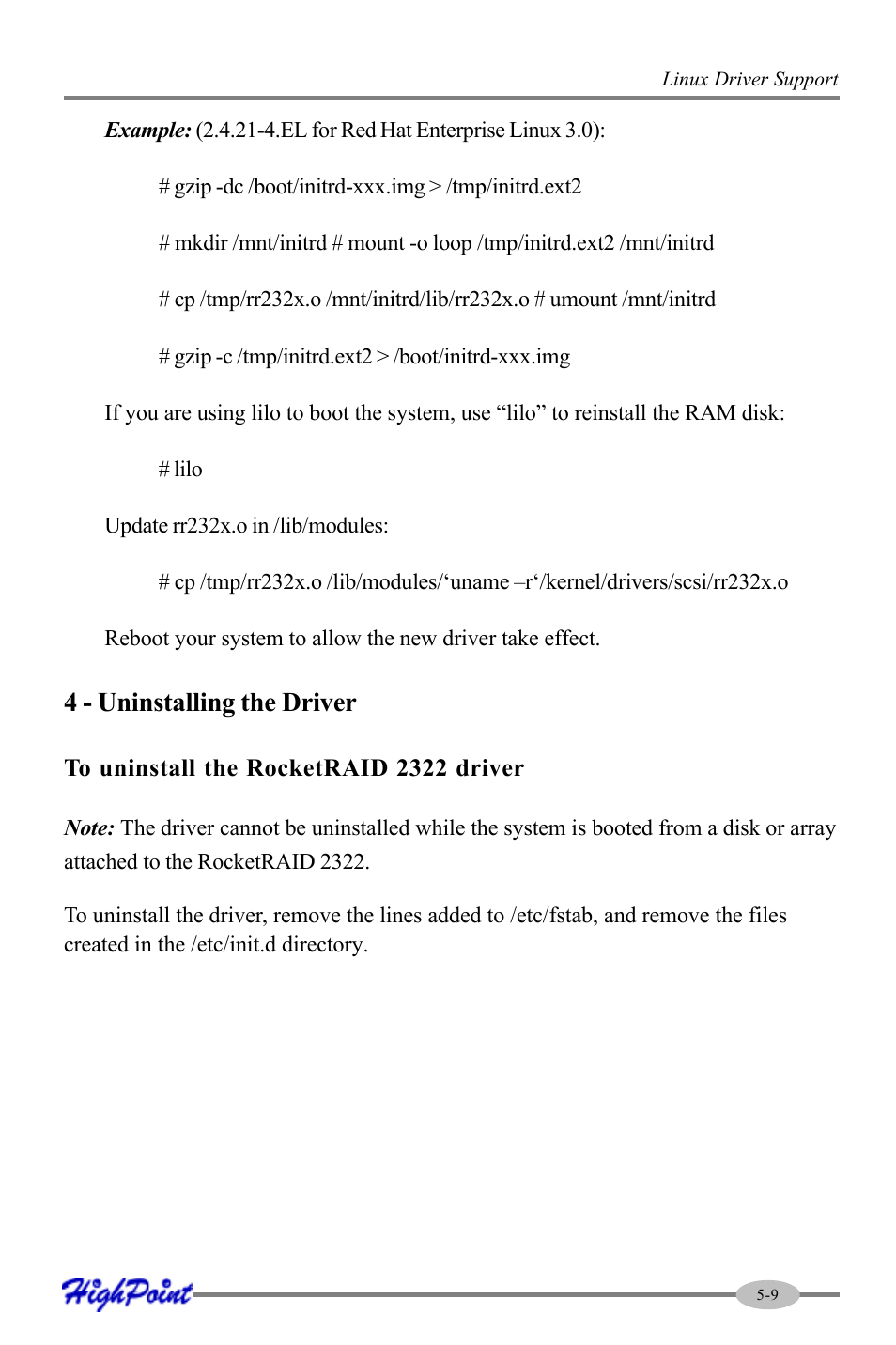 4 - uninstalling the driver | HighPoint RocketRAID 2322 User Manual | Page 57 / 73