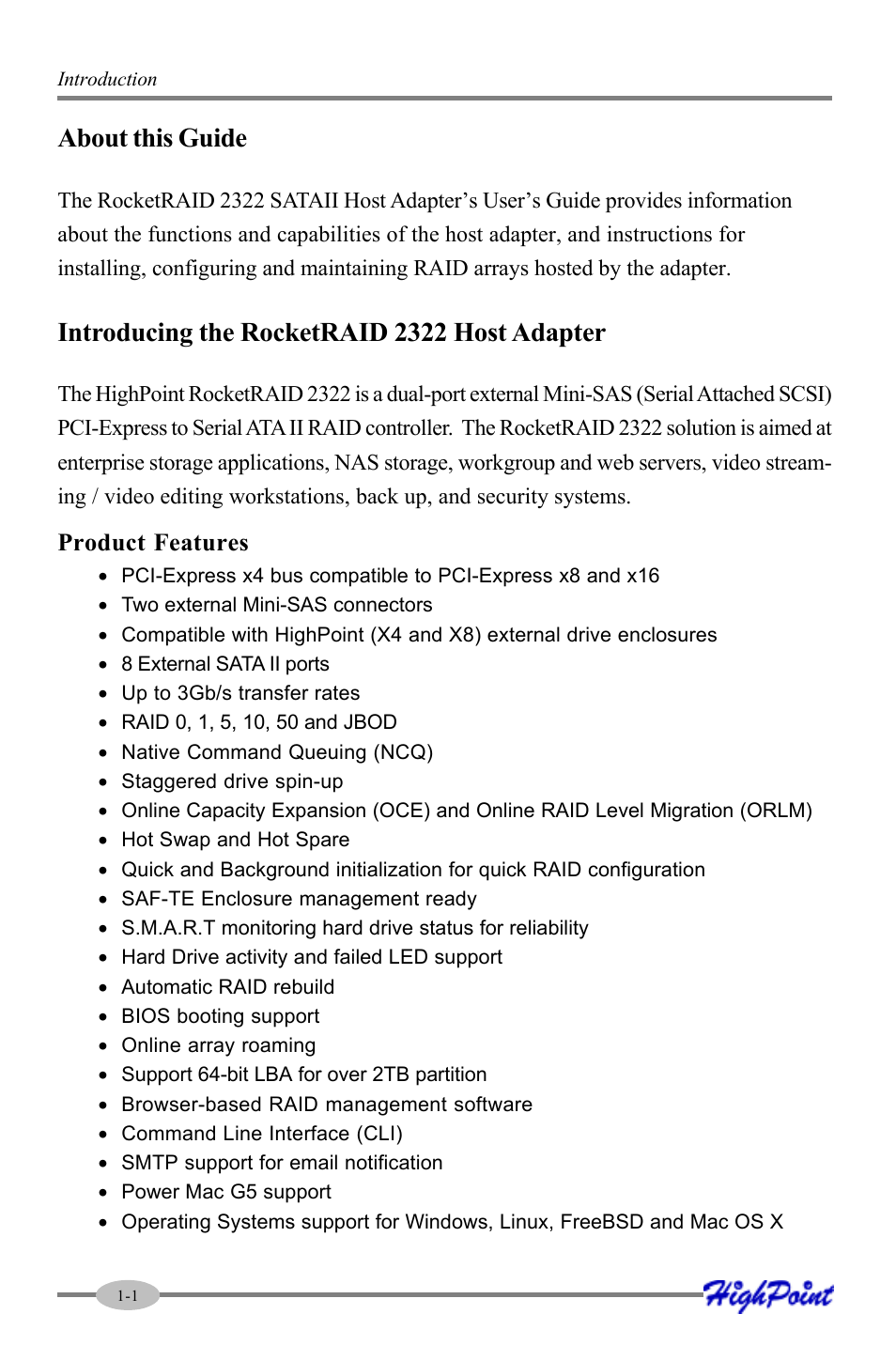 About this guide, Introducing the rocketraid 2322 host adapter | HighPoint RocketRAID 2322 User Manual | Page 6 / 73