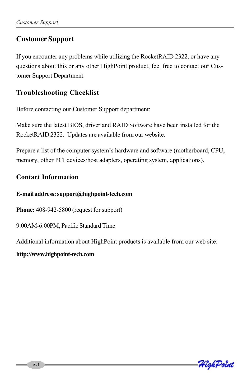 Customer support | HighPoint RocketRAID 2322 User Manual | Page 72 / 73