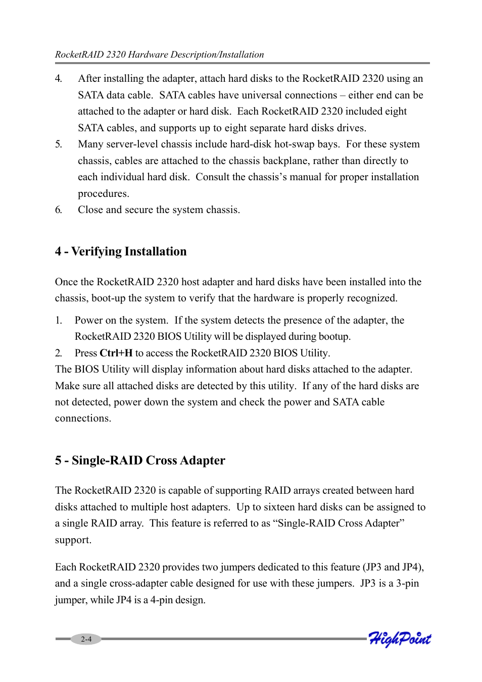 4 - verifying installation, 5 - single-raid cross adapter | HighPoint RocketRAID 2320 User Manual | Page 14 / 77