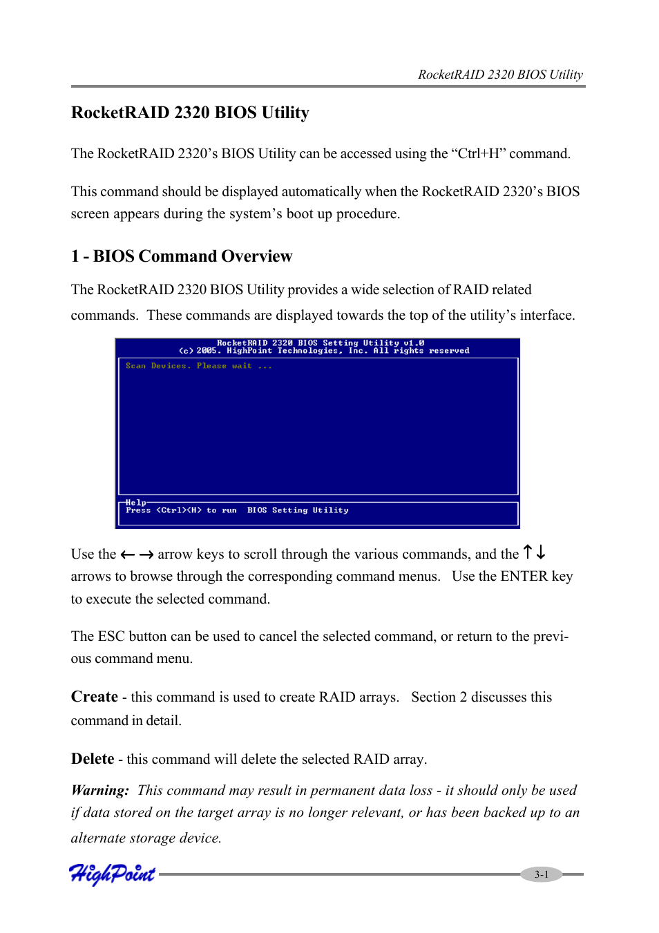 Rocketraid 2320 bios utility, 1 - bios command overview | HighPoint RocketRAID 2320 User Manual | Page 17 / 77