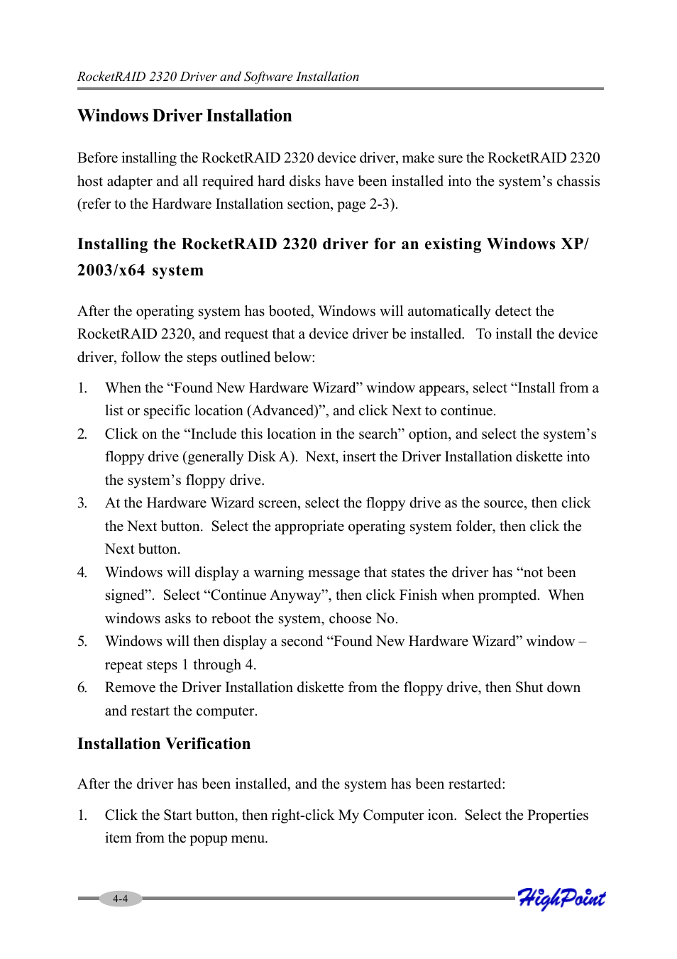 Windows driver installation | HighPoint RocketRAID 2320 User Manual | Page 26 / 77