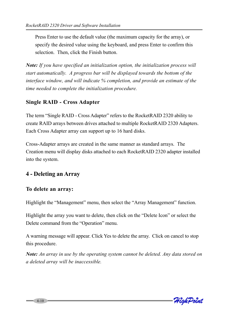 4 - deleting an array | HighPoint RocketRAID 2320 User Manual | Page 32 / 77