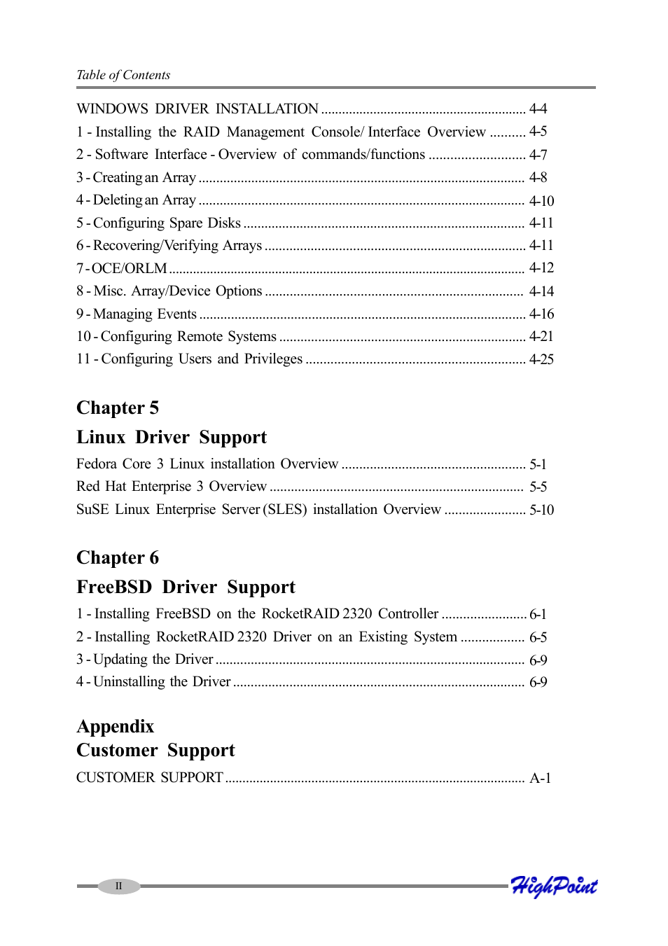 Chapter 5 linux driver support, Chapter 6 freebsd driver support, Appendix customer support | HighPoint RocketRAID 2320 User Manual | Page 4 / 77