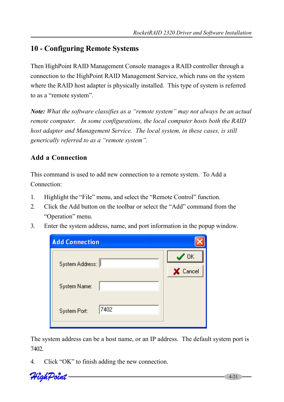 10 - configuring remote systems | HighPoint RocketRAID 2320 User Manual | Page 43 / 77