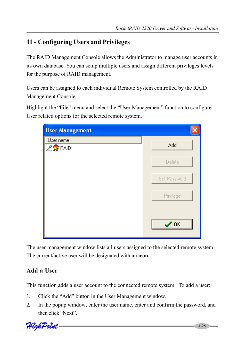 11 - configuring users and privileges | HighPoint RocketRAID 2320 User Manual | Page 47 / 77