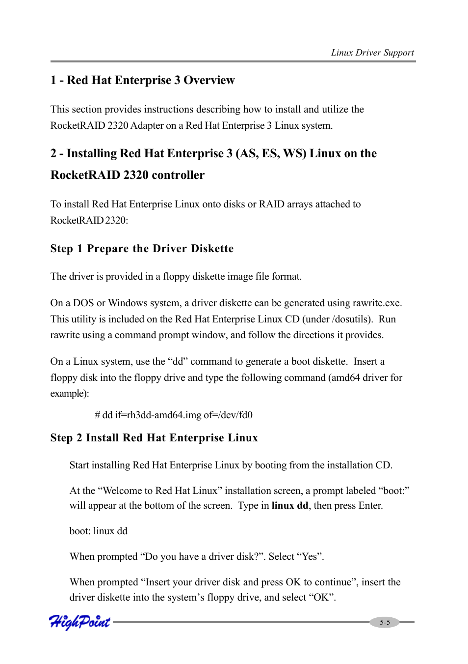 1 - red hat enterprise 3 overview | HighPoint RocketRAID 2320 User Manual | Page 55 / 77