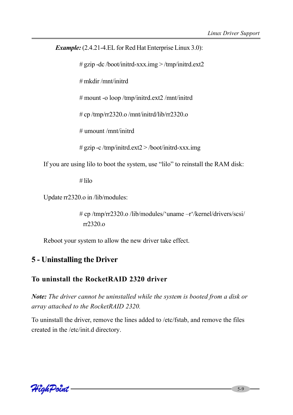 5 - uninstalling the driver | HighPoint RocketRAID 2320 User Manual | Page 59 / 77