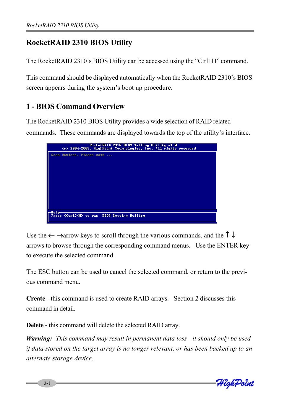 Rocketraid 2310 bios utility, 1 - bios command overview | HighPoint RocketRAID 2310 User Manual | Page 16 / 75