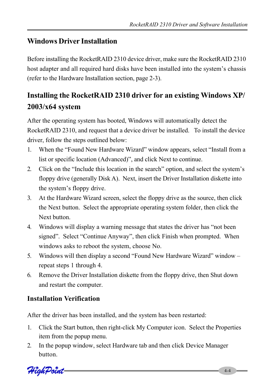 Windows driver installation | HighPoint RocketRAID 2310 User Manual | Page 25 / 75