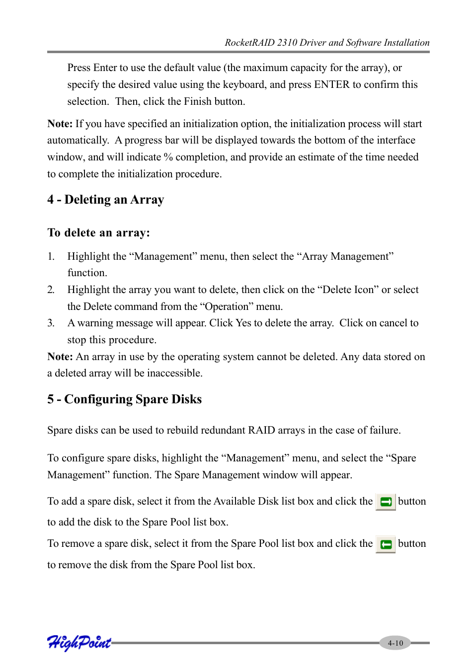 4 - deleting an array, 5 - configuring spare disks | HighPoint RocketRAID 2310 User Manual | Page 31 / 75