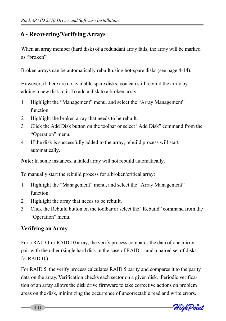 6 - recovering/verifying arrays | HighPoint RocketRAID 2310 User Manual | Page 32 / 75