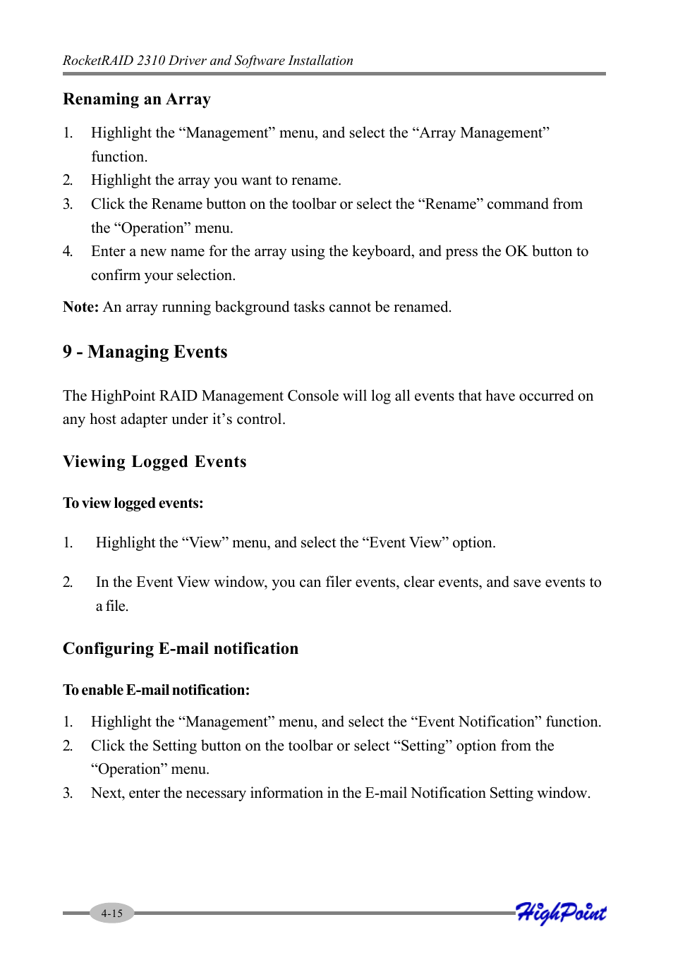 9 - managing events | HighPoint RocketRAID 2310 User Manual | Page 36 / 75