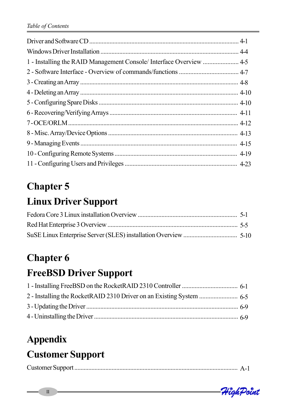 Chapter 5 linux driver support, Chapter 6 freebsd driver support, Appendix customer support | HighPoint RocketRAID 2310 User Manual | Page 4 / 75