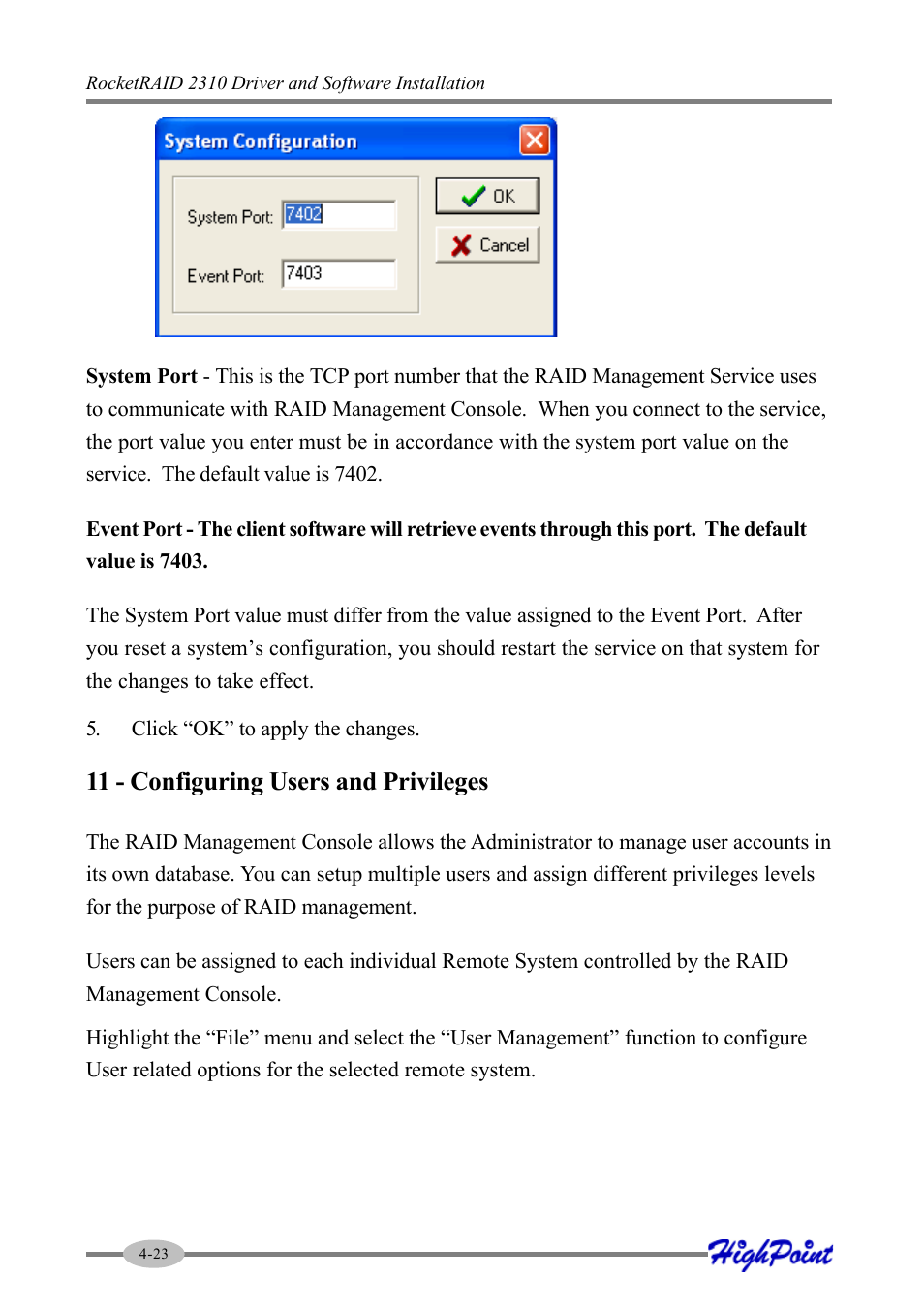 11 - configuring users and privileges | HighPoint RocketRAID 2310 User Manual | Page 44 / 75