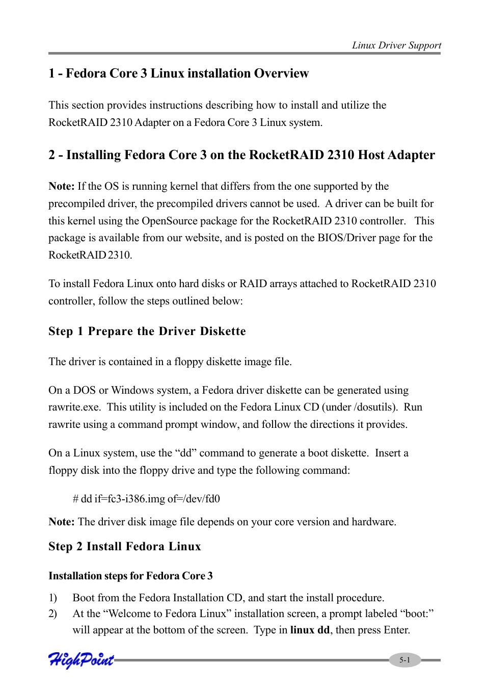 1 - fedora core 3 linux installation overview | HighPoint RocketRAID 2310 User Manual | Page 49 / 75