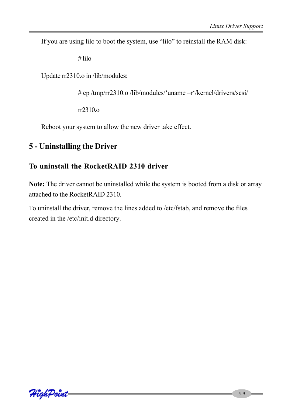 5 - uninstalling the driver | HighPoint RocketRAID 2310 User Manual | Page 57 / 75