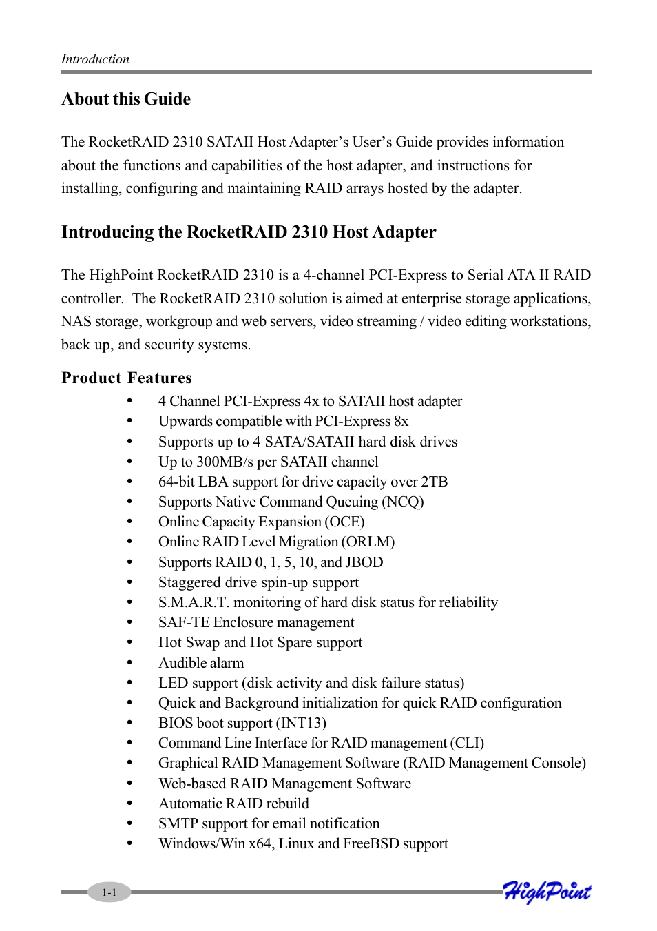 About this guide, Introducing the rocketraid 2310 host adapter | HighPoint RocketRAID 2310 User Manual | Page 6 / 75