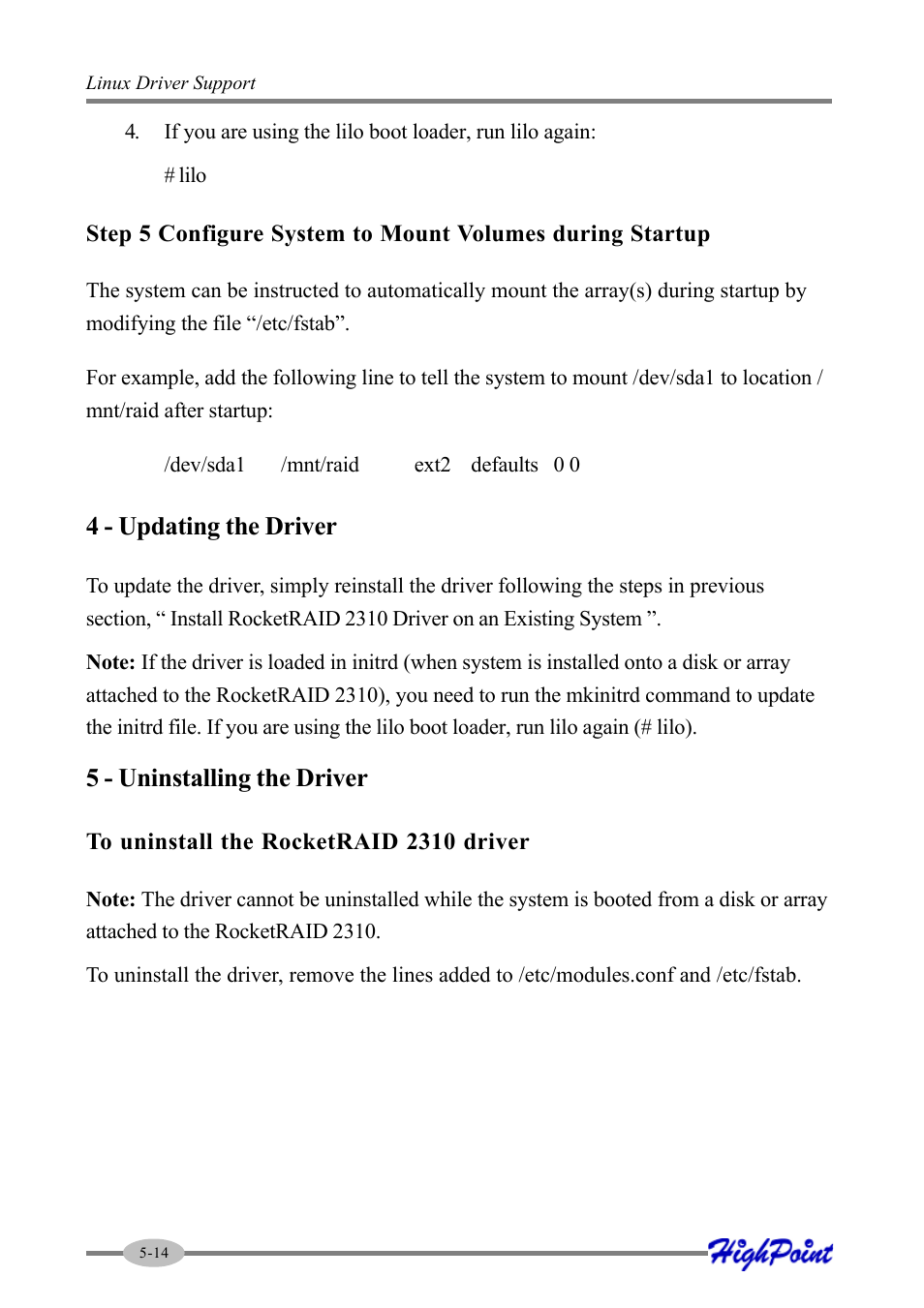 4 - updating the driver, 5 - uninstalling the driver | HighPoint RocketRAID 2310 User Manual | Page 62 / 75