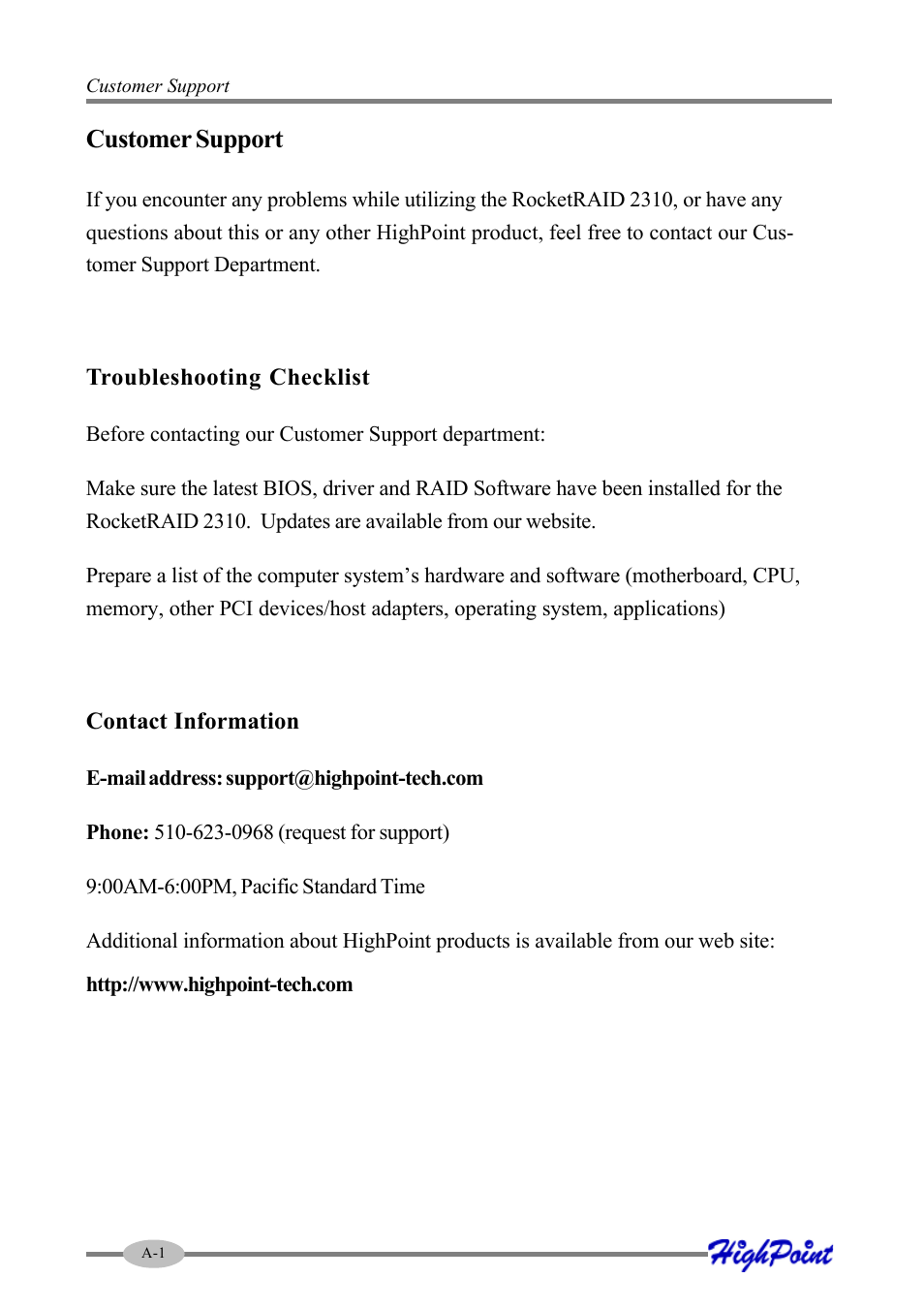 Customer support | HighPoint RocketRAID 2310 User Manual | Page 74 / 75
