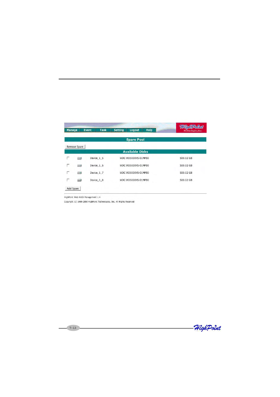 5 configuring spare disks | HighPoint RocketRAID 2210 User Manual | Page 92 / 99
