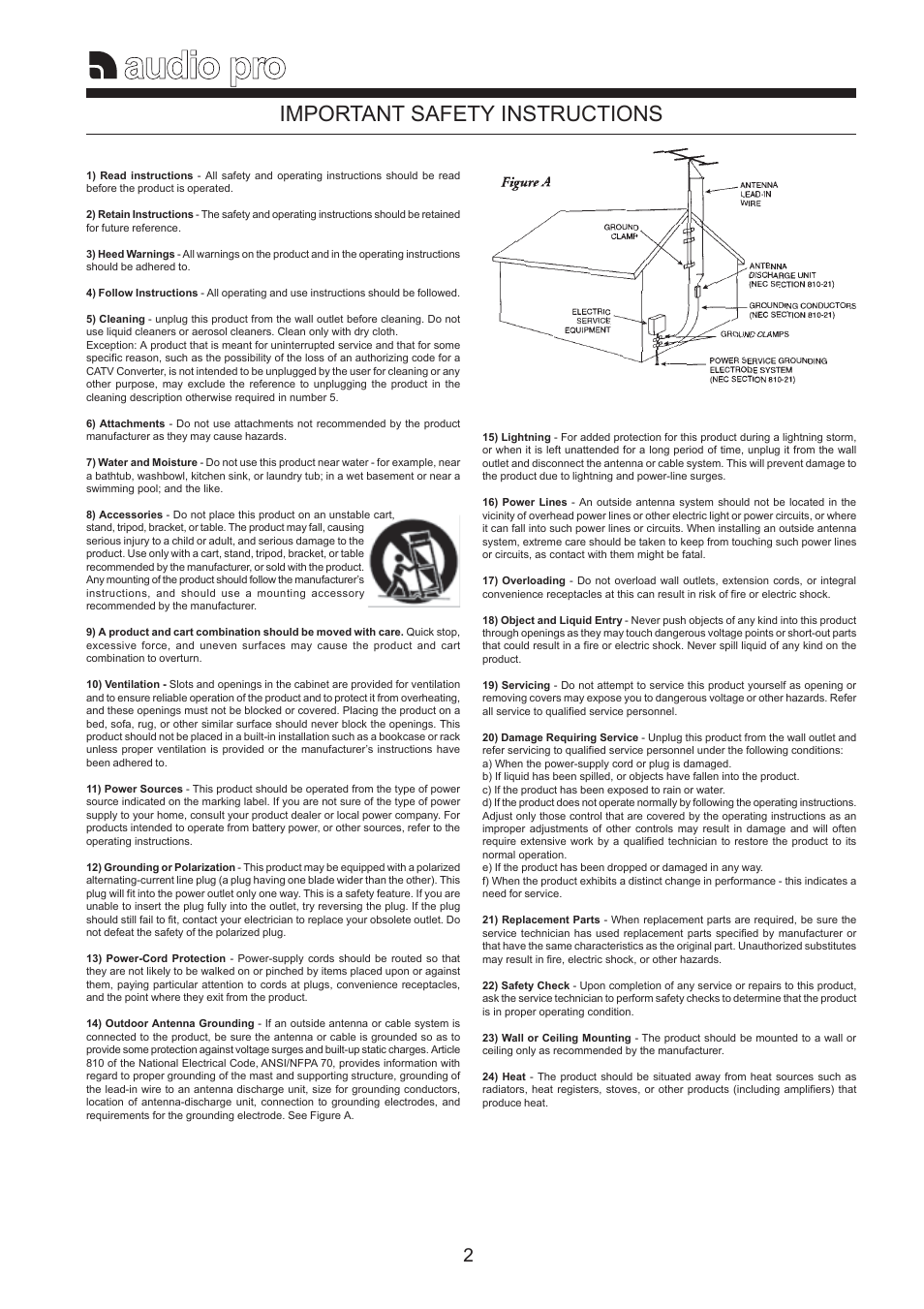 Important safety instructions | Audio Pro 115V 0502 User Manual | Page 2 / 6