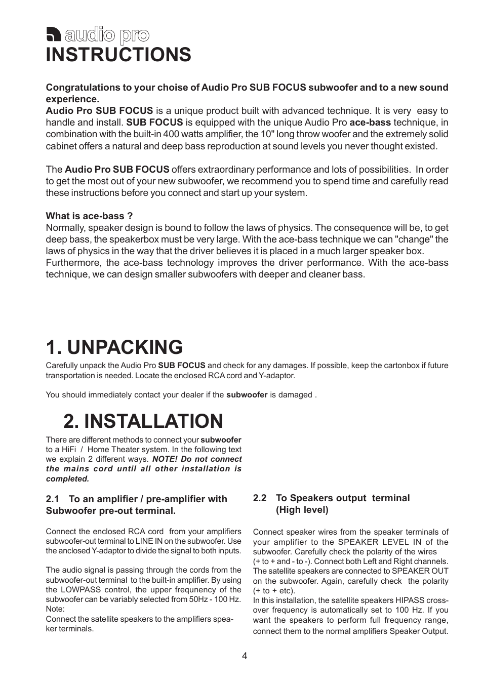 Instructions, Installation, Unpacking | Audio Pro 115V 0502 User Manual | Page 4 / 6