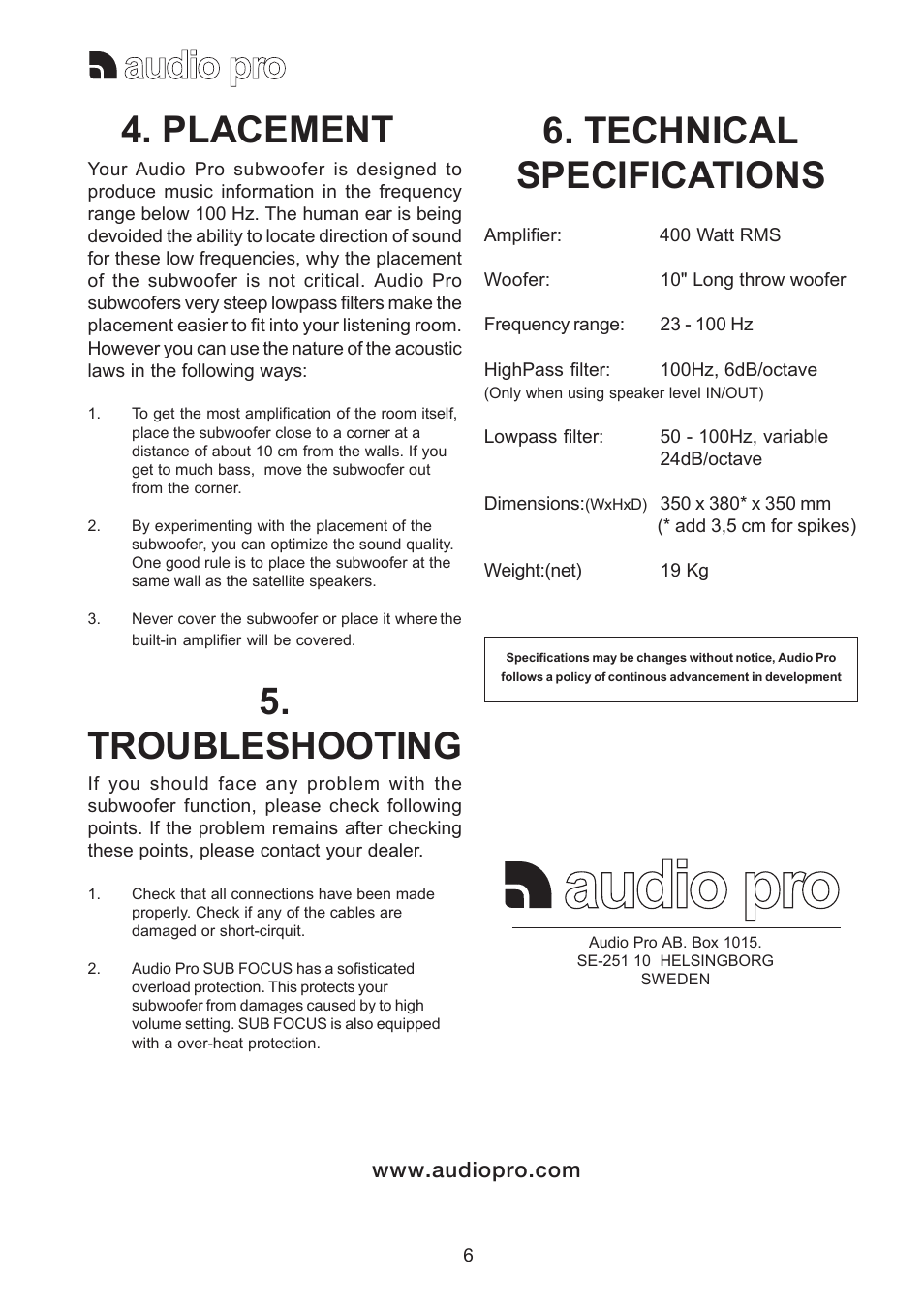Placement 5. troubleshooting, Technical specifications | Audio Pro 115V 0502 User Manual | Page 6 / 6