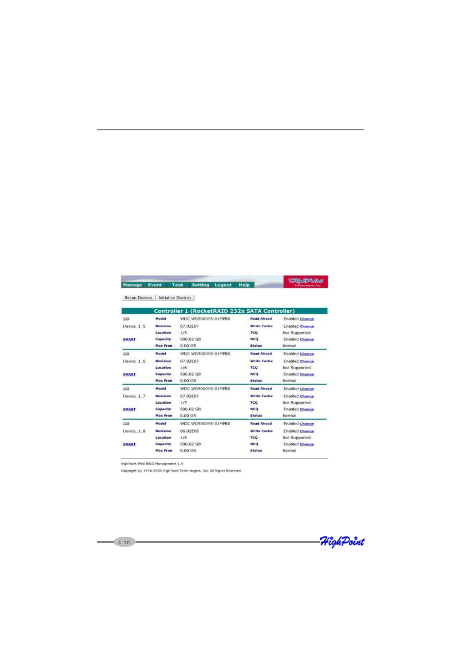 4 device management | HighPoint RocketRAID 1740 User Manual | Page 34 / 65