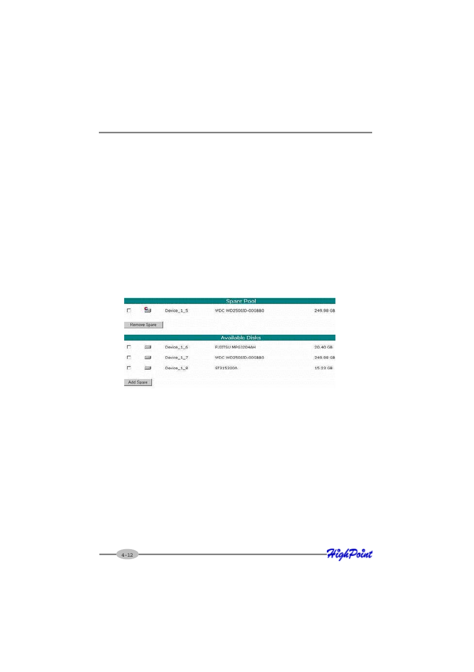 5 configuring spare disks | HighPoint RocketRAID 1740 User Manual | Page 36 / 65