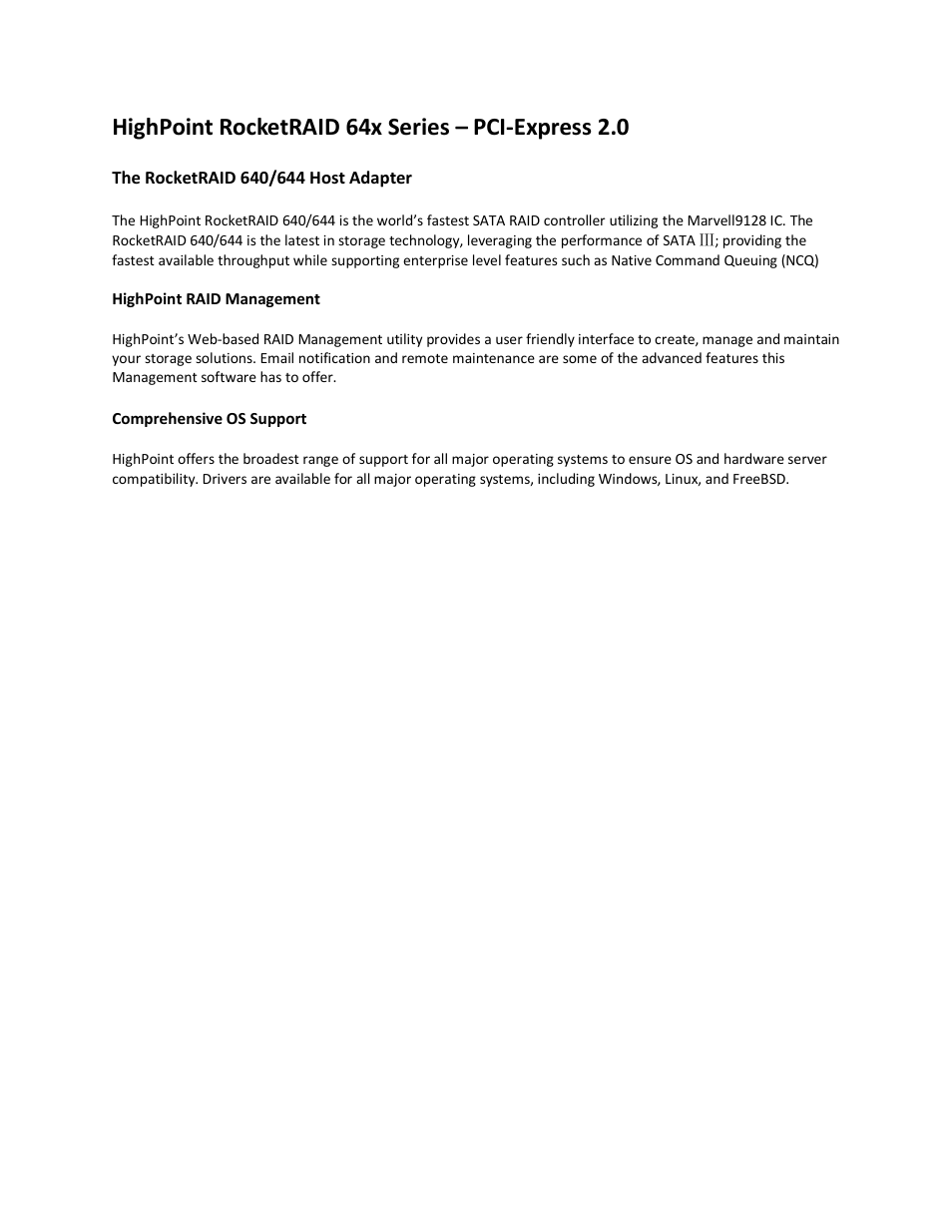 Highpoint rocketraid 64x series – pci-express 2.0 | HighPoint RocketRAID 640 User Manual | Page 3 / 7
