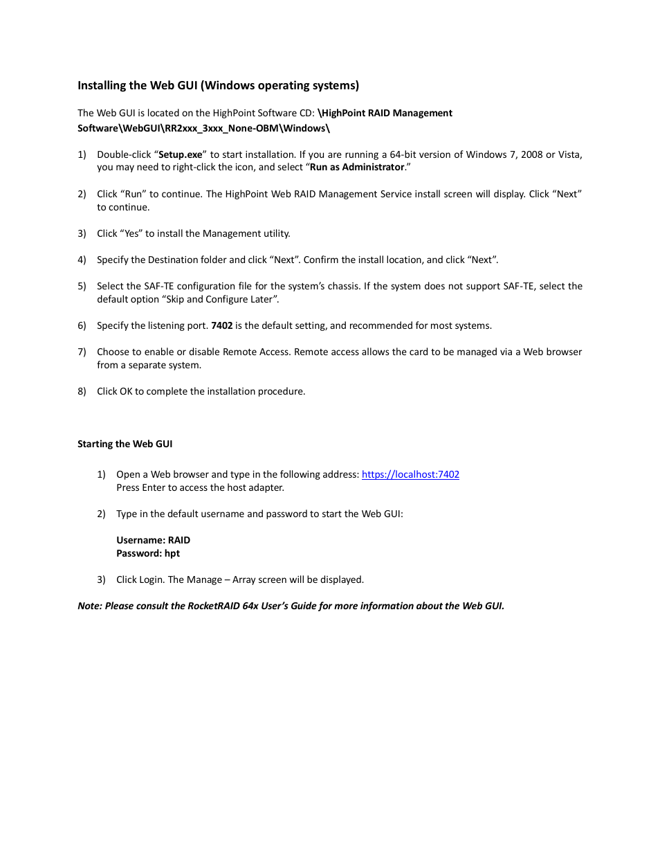 Installing the web gui (windows operating systems), Starting the web gui | HighPoint RocketRAID 640 User Manual | Page 5 / 7
