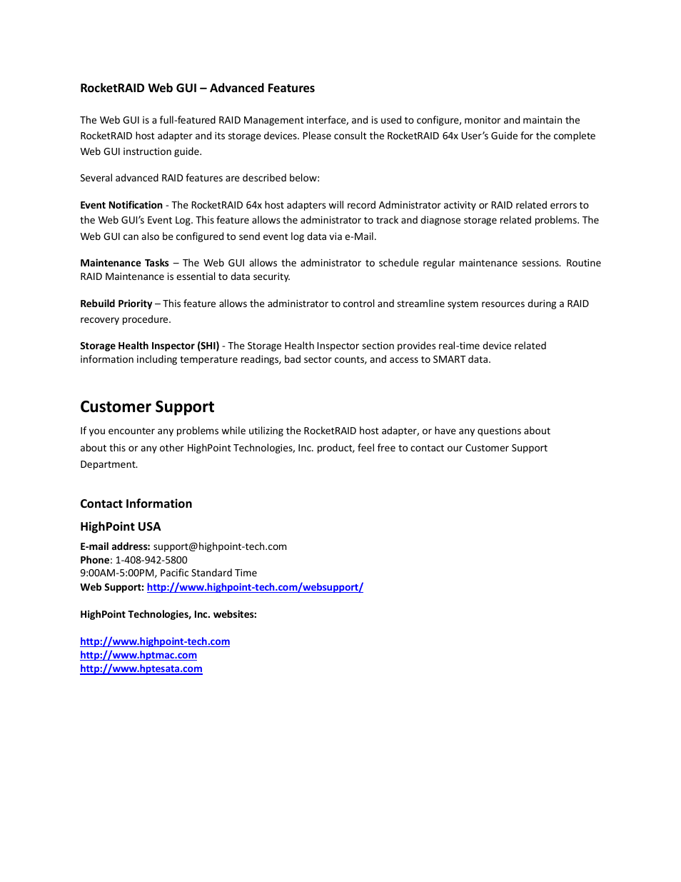 Rocketraid web gui – advanced features, Customer support | HighPoint RocketRAID 640 User Manual | Page 6 / 7