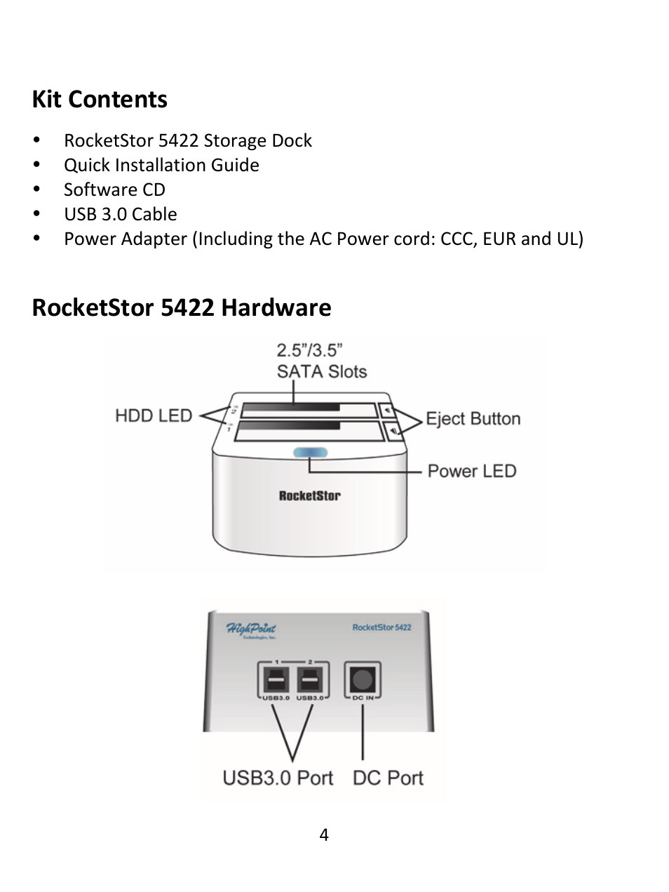 Kit contents, Rocketstor 5422 hardware | HighPoint RocketStor 5422 User Manual | Page 4 / 8