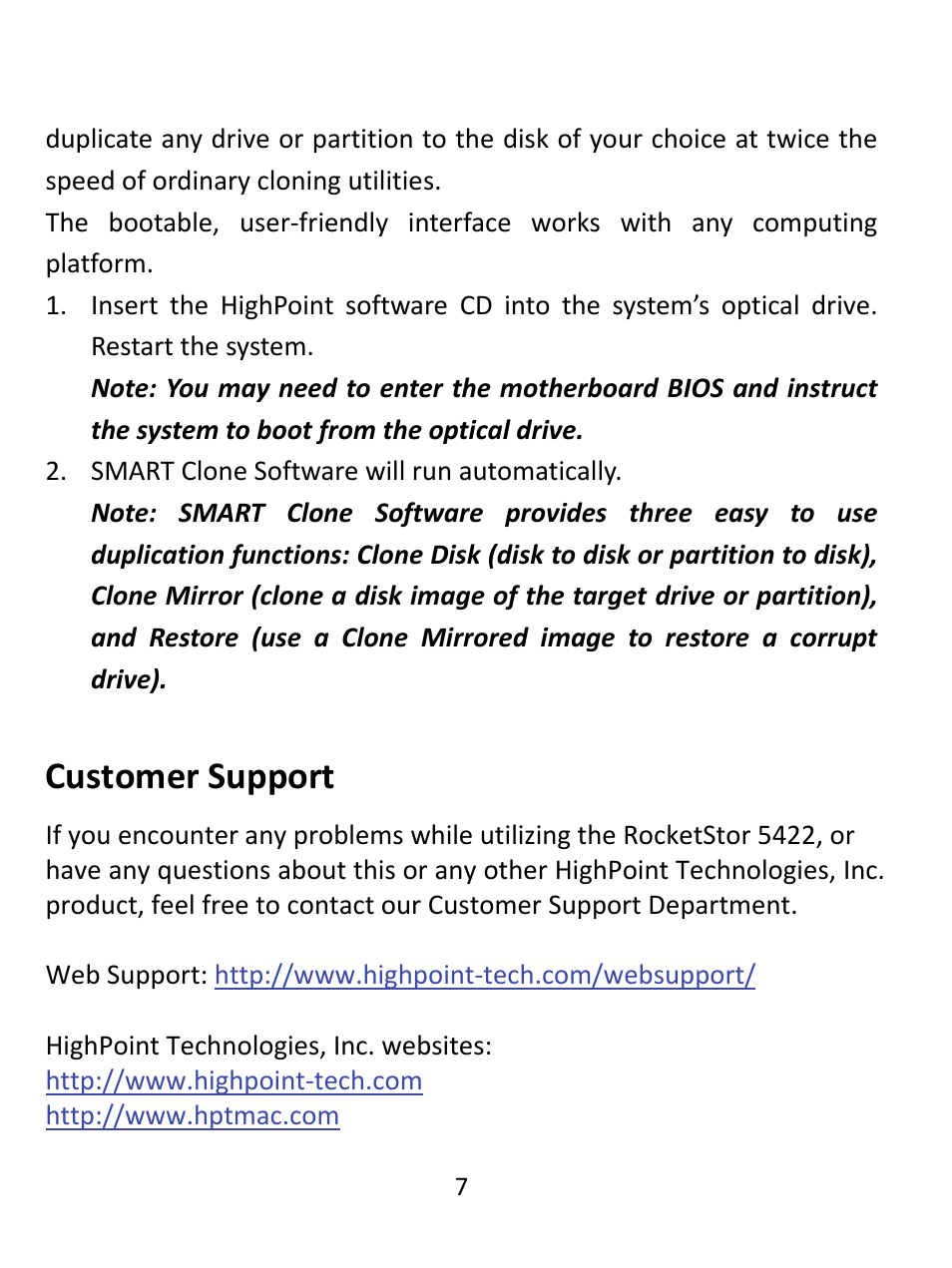 Customer support | HighPoint RocketStor 5422 User Manual | Page 7 / 8