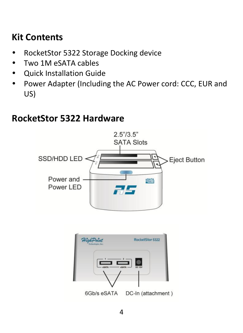 Kit contents, Rocketstor 5322 hardware | HighPoint RocketStor 5322 User Manual | Page 4 / 8