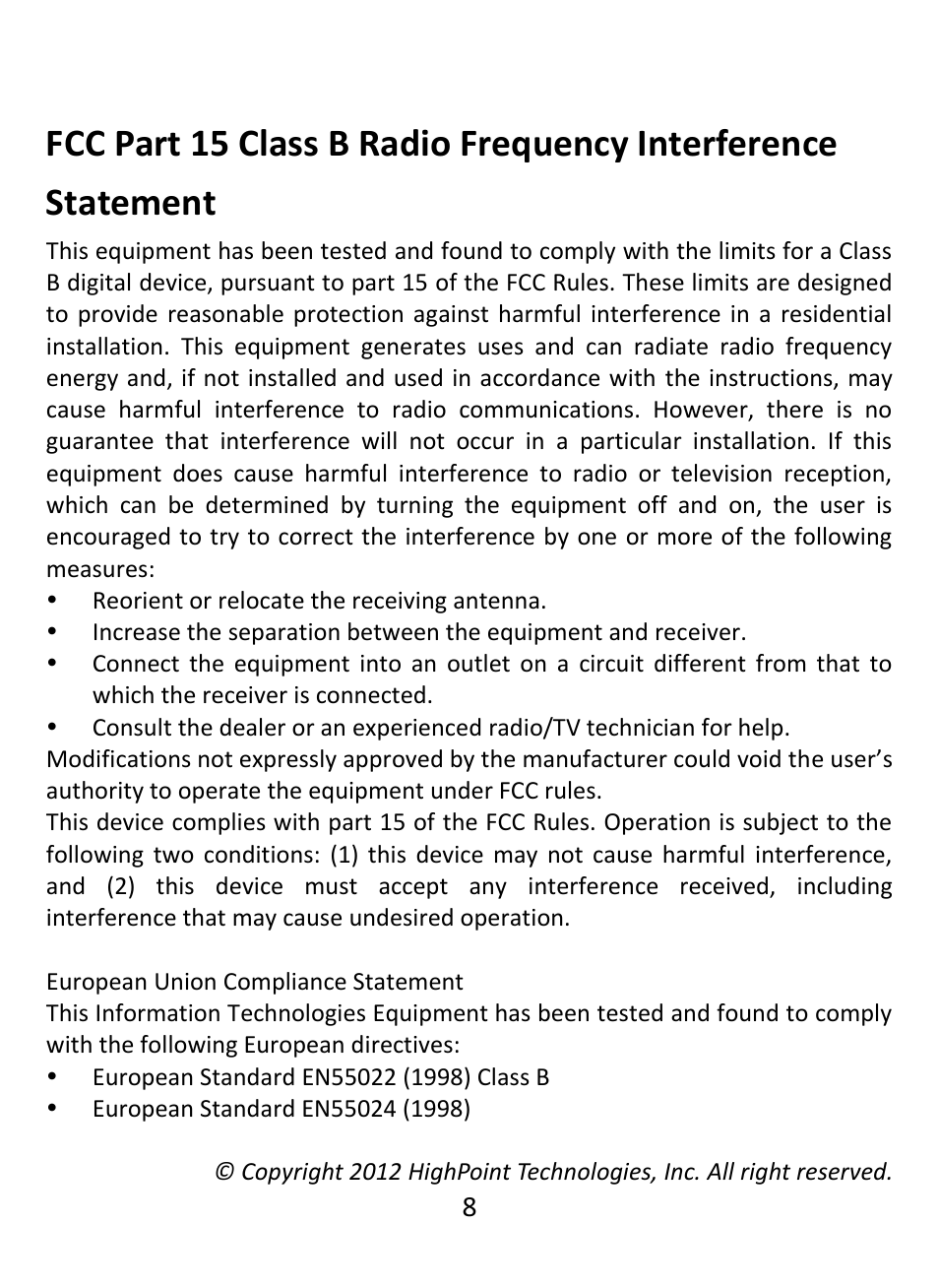 Fcc part 15 class b radio frequency interference, Statement | HighPoint RocketStor 5322 User Manual | Page 8 / 8