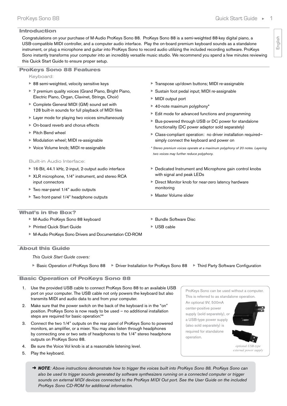 Introduction, Prokeys sono 88 features, Keyboard | Built-in audio interface, What’s in the box, About this guide, Basic operation of prokeys sono 88, Quick start guide ▶ 1 prokeys sono 88 | Audio Pro ProKeys Sono 88 User Manual | Page 2 / 6