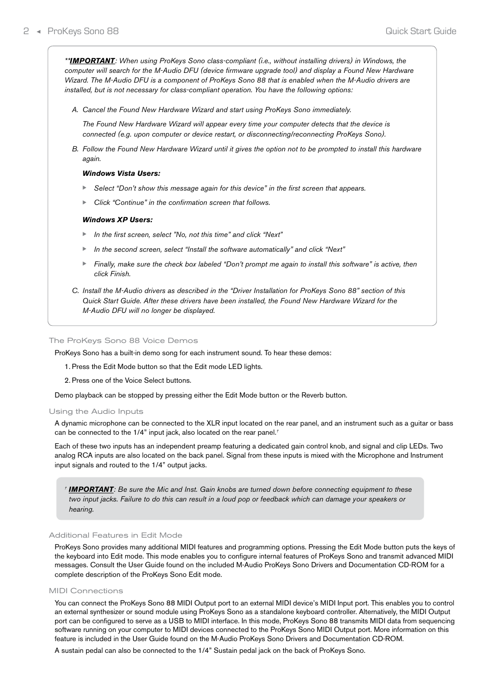 The prokeys sono 88 voice demos, Using the audio inputs, Additional features in edit mode | Midi connections, Prokeys sono 88 2 quick start guide | Audio Pro ProKeys Sono 88 User Manual | Page 3 / 6