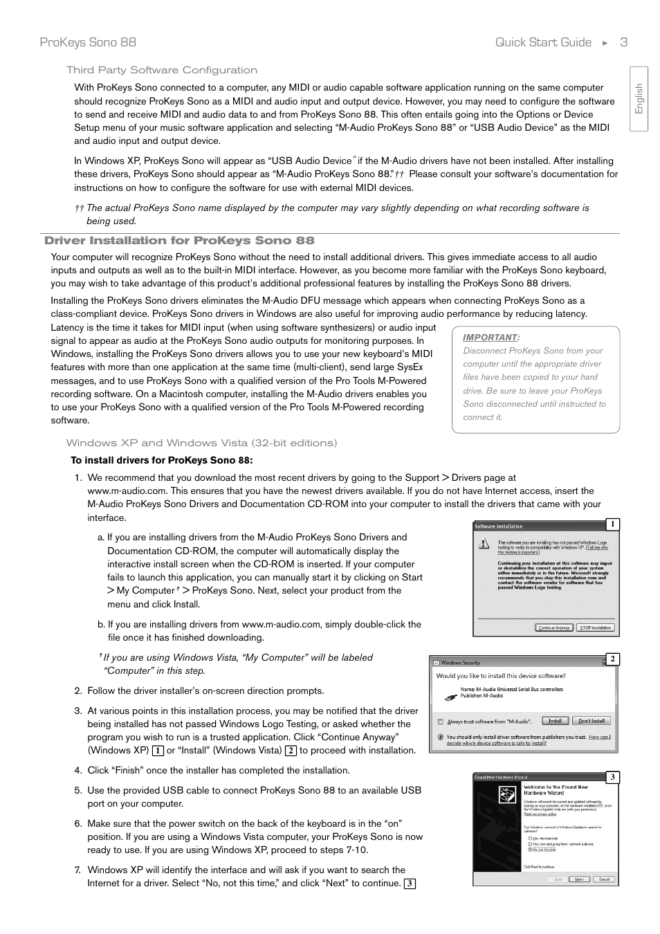 Third party software configuration, Driver installation for prokeys sono 88, Windows xp and windows vista (32-bit editions) | Quick start guide ▶ 3 prokeys sono 88 | Audio Pro ProKeys Sono 88 User Manual | Page 4 / 6