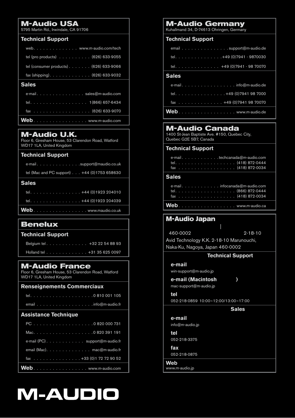 Contact, M-audio usa, M-audio u.k | Benelux, M-audio france, M-audio germany, M-audio canada, M-audio japan | Audio Pro ProKeys Sono 88 User Manual | Page 6 / 6