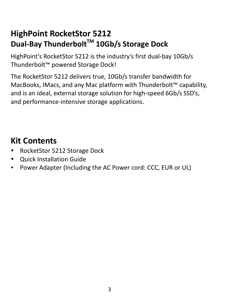 Highpoint rocketstor 5212, Kit contents, Dual-bay thunderbolt | 10gb/s storage dock | HighPoint RocketStor 5212 User Manual | Page 3 / 8