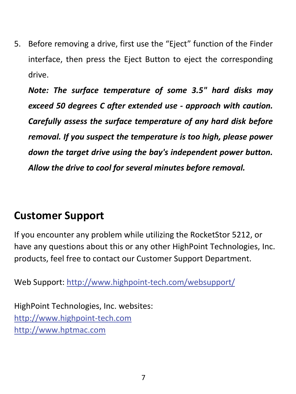 Customer support | HighPoint RocketStor 5212 User Manual | Page 7 / 8