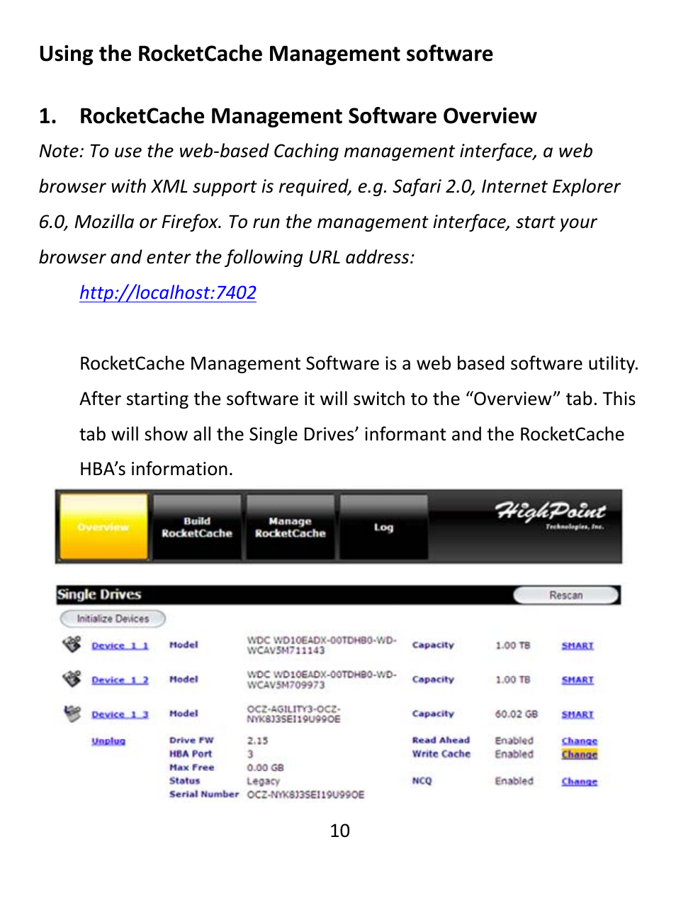 Using the rocketcache management software, Rocketcache management software overview | HighPoint RocketCache 3244X8 User Manual | Page 10 / 21