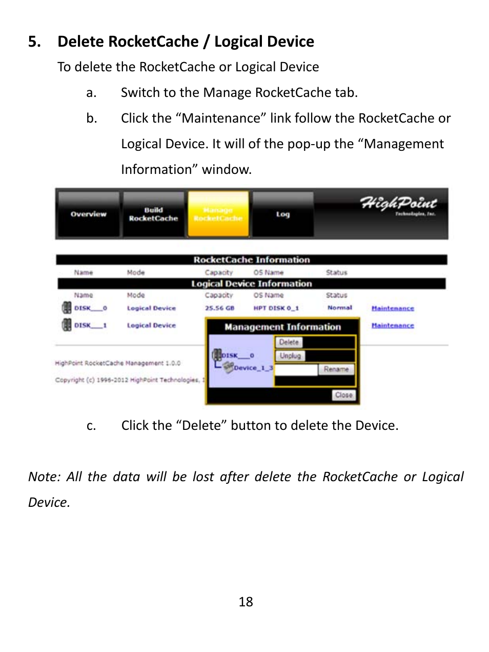 Delete rocketcache / logical device | HighPoint RocketCache 3244X8 User Manual | Page 18 / 21